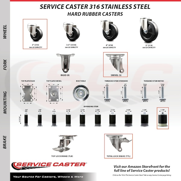 3 Inch 316SS Hard Rubber Swivel 1-7/8 Inch Expanding Stem Caster Lock Brake SCC